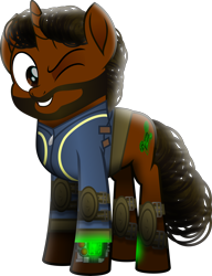 Size: 4673x6086 | Tagged: safe, alternate version, artist:lincolnbrewsterfan, derpibooru import, oc, oc only, oc:willing vision, pony, unicorn, fallout equestria, my little pony: the movie, rainbow roadtrip, .svg available, beard, birthday gift, clothes, facial hair, full body, gift art, grin, horn, inkscape, moustache, movie accurate, one eye closed, pipbuck, pipbuck 3000, realistic mane, simple background, smiling, stallion oc, standing, svg, transparent background, unicorn oc, vault suit, vector, wink