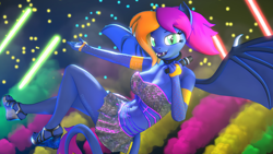 Size: 2560x1440 | Tagged: safe, artist:dawnyr, artist:dawnyrs, derpibooru import, oc, oc:layla horizon, anthro, bat pony, 3d, idol, neon, sexy, solo, source filmmaker