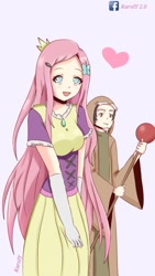 Size: 720x1280 | Tagged: safe, artist:karoly2022, derpibooru import, discord, fluttershy, human, anime, clothes, costume, crown, dress, duo, female, hairpin, heart, hoodie, humanized, implied discoshy, implied shipping, implied straight, jewelry, male, necklace, regalia, rod, signature