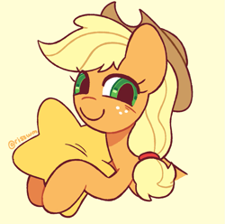 Size: 1007x1000 | Tagged: safe, artist:risswm, derpibooru import, applejack, earth pony, pony, commission, cute, female, hug, jackabetes, mare, pillow, pillow hug, simple background, smiling, solo, ych result, yellow background