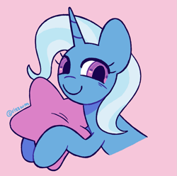 Size: 1007x1000 | Tagged: safe, artist:risswm, derpibooru import, trixie, pony, unicorn, commission, cute, diatrixes, female, hug, mare, pillow, pillow hug, pink background, simple background, smiling, solo, ych result