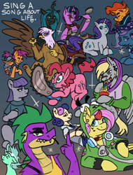 Size: 3350x4400 | Tagged: safe, artist:applejackofalltrades, derpibooru import, bon bon, derpy hooves, fluttershy, gilda, lyra heartstrings, maud pie, pinkie pie, queen chrysalis, rainbow dash, scootaloo, spike, starlight glimmer, sunburst, sweetie drops, trixie, changeling, changeling queen, dragon, earth pony, pegasus, pony, unicorn, antonymph, chainsaw, clothes, cross, dexterous hooves, electric guitar, female, fluttgirshy, food, french fries, guitar, hoodie, hoof hold, inverted cross, lying down, male, mare, middle finger, musical instrument, older, older spike, prone, smoking, stallion, vulgar, vylet pony