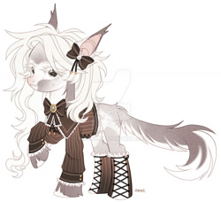 Size: 1024x932 | Tagged: safe, artist:miioko, derpibooru import, oc, oc only, earth pony, pony, bow, clothes, deviantart watermark, earth pony oc, hair bow, obtrusive watermark, raised hoof, raised leg, simple background, watermark, white background