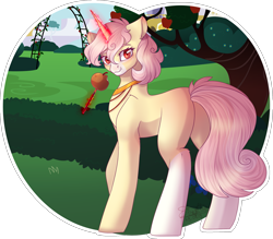 Size: 2191x1917 | Tagged: safe, artist:stormcloud-yt, derpibooru import, oc, oc only, pony, unicorn, apple, base used, butt, candy apple (food), food, glowing, glowing horn, horn, magic, outdoors, plot, simple background, solo, telekinesis, transparent background, unicorn oc