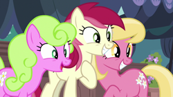 Size: 1280x720 | Tagged: safe, derpibooru import, screencap, daisy, flower wishes, lily, lily valley, roseluck, earth pony, pony, it isn't the mane thing about you, season 7, excited, female, flower trio, hoof on chest, implied rarity, mare, open mouth, smiling, trio, trio female