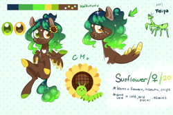 Size: 1600x1068 | Tagged: safe, artist:kaikururu, derpibooru import, oc, oc:sunflower, mantis, pegasus, pony, colored hooves, colored wings, female, freckles, heterochromia, mare, pegasus oc, reference sheet, smiling, two toned wings, wings