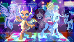 Size: 1800x1020 | Tagged: safe, artist:uotapo, derpibooru import, ocellus, silverstream, smolder, sprout greenhoof, yona, changedling, changeling, dragon, hippogriff, pony, unicorn, yak, dance dance revolution, dancing, dragoness, female, las pegasus resident, mare, uotapo is trying to murder us