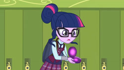 Size: 3410x1920 | Tagged: safe, derpibooru import, screencap, sci-twi, twilight sparkle, equestria girls, friendship games, backpack, female, glasses, high res, lockers, magic capture device, open mouth, solo