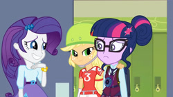 Size: 3410x1920 | Tagged: safe, derpibooru import, screencap, applejack, rarity, sci-twi, twilight sparkle, equestria girls, friendship games, backpack, female, glasses, grin, hairpin, high res, lockers, magic capture device, smiling, trio