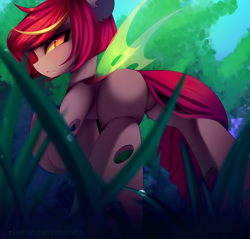 Size: 3840x3673 | Tagged: safe, artist:shavurrr, derpibooru import, oc, changeling, pony, background, butt, commission, female, grass, looking at you, looking back, looking back at you, mare, nature, plot, red changeling, solo, tail, tail wag, wings