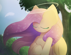 Size: 2550x2000 | Tagged: safe, artist:miryelis, derpibooru import, fluttershy, pegasus, big ears, cute, ears, eyes closed, flower, flower in hair, forest, forest background, halo, long hair, smiling, solo, wings