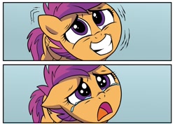 Size: 1877x1327 | Tagged: safe, artist:nanook123, derpibooru import, idw, scootaloo, spoiler:comic93, comic, cropped, crying, forced smile, sad, season 10, smiling