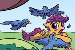 Size: 344x231 | Tagged: safe, artist:nanook123, derpibooru import, idw, scootaloo, bird, spoiler:comic93, comic, cropped, scared, season 10