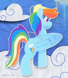 Size: 1120x1280 | Tagged: safe, artist:talim_stuff, derpibooru import, rainbow dash, pegasus, pony, cloud, female, folded wings, hooves, mare, on a cloud, outline, signature, smiling, solo, standing, standing on a cloud, tail, white outline, wings