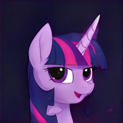 Size: 1024x1024 | Tagged: safe, artist:thisponydoesnotexist, derpibooru import, twilight sparkle, pony, bust, horn, neural network, not twilight sparkle, open mouth, open smile, portrait, simple background, smiling