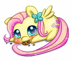 Size: 474x395 | Tagged: safe, artist:sarilain, derpibooru import, fluttershy, pegasus, pony, blushing, chibi, cookie, cute, daaaaaaaaaaaw, eating, female, food, heart eyes, looking at you, lying down, nom, open mouth, prone, shyabetes, simple background, smiling, solo, watermark, weapons-grade cute, white background, wingding eyes