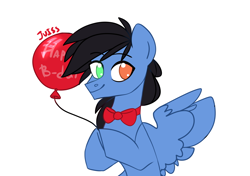 Size: 3072x2160 | Tagged: safe, artist:juiss, derpibooru import, oc, oc only, oc:glorious shark, pegasus, pony, balloon, eyebrows, eyebrows visible through hair, happy birthday, heterochromia, high res, hoof hold, pegasus oc, signature, simple background, smiling, solo, spread wings, white background, wings