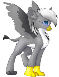Size: 827x1080 | Tagged: artist needed, safe, derpibooru import, oc, oc only, griffon, chest fluff, ear fluff, ears, full body, glasses, griffon oc, simple background, solo, spread wings, standing, white background, wings