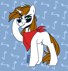 Size: 2073x2160 | Tagged: safe, artist:juiss, derpibooru import, oc, oc only, pony, unicorn, abstract background, bandana, eyebrows, eyebrows visible through hair, full body, glasses, grin, high res, hooves, horn, music notes, raised eyebrow, signature, smiling, solo, standing, sunglasses, unicorn oc
