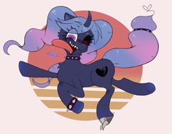 Size: 2048x1608 | Tagged: safe, artist:usapipoyoyo, derpibooru import, oc, oc only, oc:poyomi, pony, spider, unicorn, collar, female, heart, horn, long tongue, looking at you, mare, open mouth, sharp teeth, simple background, solo, spiked collar, spiked wristband, teeth, tongue, tongue out, white background, wristband