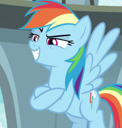 Size: 1920x2008 | Tagged: safe, derpibooru import, screencap, rainbow dash, pegasus, pony, daring doubt, season 9, cropped, crossed hooves, female, flying, grin, lidded eyes, mare, raised eyebrow, smiling, solo, spread wings, wings