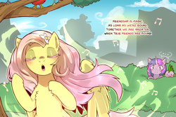 Size: 1440x960 | Tagged: safe, artist:cold-blooded-twilight, derpibooru import, fluttershy, spike, twilight sparkle, bird, pegasus, pony, comic:cold storm, ..., blushing, chest fluff, colored eyelashes, comic, eyes closed, flower, flower in hair, hiding in bushes, magic, open mouth, ponytail, singing