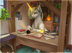 Size: 1280x947 | Tagged: safe, artist:copshop, derpibooru import, oc, oc only, pony, unicorn, apple, book, bookshelf, chest, food, inkwell, lantern, magic, male, plant, quill, solo, stallion