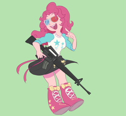 Size: 1039x950 | Tagged: safe, artist:avirextin, derpibooru import, pinkie pie, equestria girls, 3d glasses, assault rifle, glasses, green background, gun, looking at you, m16, one eye closed, open mouth, open smile, rifle, simple background, smiling, smiling at you, solo, weapon