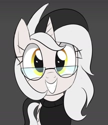 Size: 1215x1407 | Tagged: safe, artist:bestponies, derpibooru import, oc, oc only, oc:diamond horseshoe, pony, unicorn, clothes, cute, cutie mark, eyelashes, female, glasses, golden eyes, gray background, grin, horn, looking at you, mare, simple background, smiling, smiling at you, solo, sweater