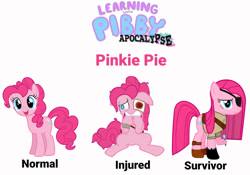 Size: 1070x747 | Tagged: safe, artist:pagiepoppie12345, derpibooru import, pinkie pie, earth pony, pony, bag, bandage, blood, boots, clothes, error, eyepatch, glitch, messy mane, pibby, saddle bag, scar, scared, shoes, simple background, smiling, straight mane, sword, unamused, weapon, white background