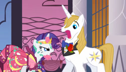 Size: 666x380 | Tagged: safe, derpibooru import, screencap, prince blueblood, rarity, pony, unicorn, the best night ever, angry, bowtie, cake, canterlot, clothes, crown, dress, flower, food, gala dress, jewelry, princess dress, regalia, rose, shocked