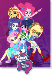 Size: 337x496 | Tagged: safe, derpibooru import, applejack, fluttershy, pinkie pie, rainbow dash, rarity, sunset shimmer, twilight sparkle, better together, equestria girls, sunset's backstage pass!, group, humane five, humane seven, humane six, logo, music festival outfit, official, outfit, poster, smiling