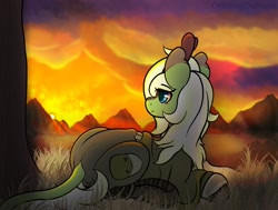 Size: 1326x1000 | Tagged: safe, artist:orbitingdamoon, derpibooru import, oc, oc only, kirin, clothes, kirin oc, mountain, peaceful, sunset