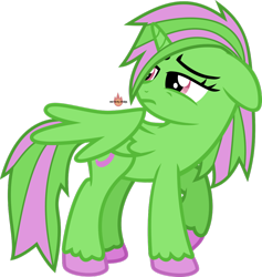 Size: 1024x1082 | Tagged: safe, artist:meteor-spark, derpibooru import, oc, oc only, oc:moonstar, alicorn, alicorn oc, green, green mane, horn, looking back, pink mane, sad, simple background, solo, striped mane, striped tail, tail, transparent background, two toned mane, two toned tail, unshorn fetlocks, watermark, wings