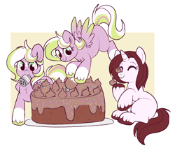 Size: 986x837 | Tagged: safe, artist:lulubell, derpibooru import, oc, oc only, oc:lisa, oc:sorbet, oc:yogurt, pegasus, unicorn, cake, decorating, female, filly, foal, food, frosting, simple background, sprinkles, white background