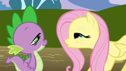 Size: 1280x720 | Tagged: safe, derpibooru import, screencap, fluttershy, spike, dragon, pegasus, pony, friendship is magic, season 1, duo, female, male, mare, mid-blink screencap