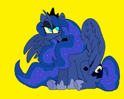 Size: 570x455 | Tagged: safe, artist:obscureterror, derpibooru import, princess luna, alicorn, evil grin, eyeshadow, female, grin, looking back, makeup, mare, simple background, sitting, smiling, solo, yellow background