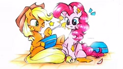 Size: 3852x2167 | Tagged: safe, artist:liaaqila, derpibooru import, applejack, pinkie pie, earth pony, pony, apple, applepie, baking, batter, bowl, commission, duo, emanata, female, food, lesbian, shipping, simple background, traditional art, white background