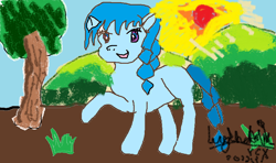 Size: 848x502 | Tagged: safe, artist:ocellus (欧塞勒斯), derpibooru import, pony, 1000 hours in ms paint, blue eyes, braid, grass, hill, sun, tree