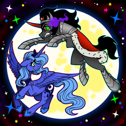 Size: 1350x1350 | Tagged: safe, artist:mechanakal, derpibooru import, king sombra, princess luna, alicorn, pony, bared teeth, cape, clothes, crown, crying, duo, female, frown, glowing, jewelry, leaping, male, mare, mare in the moon, moon, night, raised hoof, raised leg, regalia, s1 luna, sky, sombra eyes, sparkles, spread wings, stallion, stars, wings