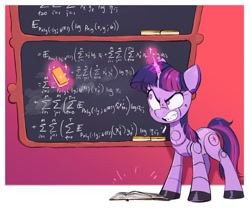 Size: 1200x1007 | Tagged: safe, artist:fanzeem, derpibooru import, part of a set, twilight sparkle, unicorn twilight, pony, robot, robot pony, unicorn, 15.ai, angry, book, chalkboard, female, fifteen.ai, math, roboticization, solo, twibot