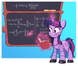 Size: 1200x1007 | Tagged: safe, artist:fanzeem, derpibooru import, part of a set, twilight sparkle, unicorn twilight, pony, robot, robot pony, unicorn, 15.ai, book, chalkboard, female, fifteen.ai, math, roboticization, solo, thinking, tongue, tongue out, twibot, writing