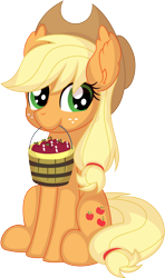 Size: 4918x8326 | Tagged: safe, artist:cyanlightning, derpibooru import, applejack, earth pony, pony, .svg available, absurd resolution, apple, bucket, cute, ear fluff, ears, female, food, hat, jackabetes, mare, mouth hold, simple background, sitting, smiling, solo, transparent background, vector