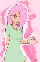 Size: 660x1015 | Tagged: safe, artist:storyteller, derpibooru import, fluttershy, human, ear piercing, earring, humanized, jewelry, looking at you, necklace, piercing, smiling, wave