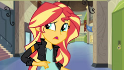 Size: 3410x1920 | Tagged: safe, derpibooru import, screencap, sunset shimmer, equestria girls, friendship games, clothes, female, hallway, high res, jacket, leather, leather jacket, lockers, open mouth, solo