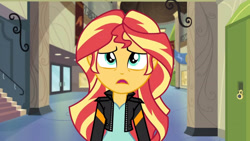 Size: 3410x1920 | Tagged: safe, derpibooru import, screencap, sunset shimmer, equestria girls, friendship games, clothes, female, high res, jacket, leather, leather jacket, lockers, open mouth, solo