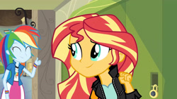 Size: 3410x1920 | Tagged: safe, derpibooru import, screencap, rainbow dash, sunset shimmer, equestria girls, friendship games, ^^, clothes, cute, cutie mark on clothes, dashabetes, duo, duo female, eyes closed, female, high res, jacket, leather, leather jacket, lockers, smiling, thumbs up