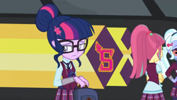 Size: 3410x1920 | Tagged: safe, derpibooru import, screencap, sci-twi, sour sweet, sugarcoat, twilight sparkle, equestria girls, friendship games, backpack, female, glasses, high res, magic capture device, offscreen character, solo focus