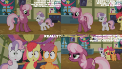 Size: 1280x720 | Tagged: safe, derpibooru import, edit, edited screencap, editor:quoterific, screencap, apple bloom, cheerilee, scootaloo, sweetie belle, earth pony, pegasus, pony, unicorn, hearts and hooves day (episode), season 2, adorabloom, apple bloom's bow, bow, chalkboard, cute, cutie mark crusaders, diasweetes, ears, female, filly, floppy ears, foal, hair bow, mare, open mouth, open smile, ponyville schoolhouse, shrunken pupils, smiling, text
