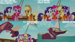 Size: 1280x720 | Tagged: safe, derpibooru import, edit, edited screencap, editor:quoterific, screencap, applejack, pinkie pie, rarity, spike, twilight sparkle, twilight sparkle (alicorn), alicorn, dragon, earth pony, pony, unicorn, ppov, season 6, ^^, boat, cute, eyes closed, female, hug, jackabetes, lifejacket, male, mare, open mouth, open smile, raribetes, smiling, spikabetes, text, tri-horned bunyip, twiabetes